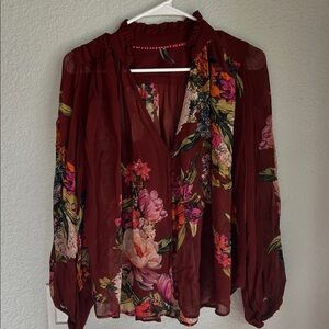 Anthropologie Burgundy Floral Sheer Button-Front Blouse